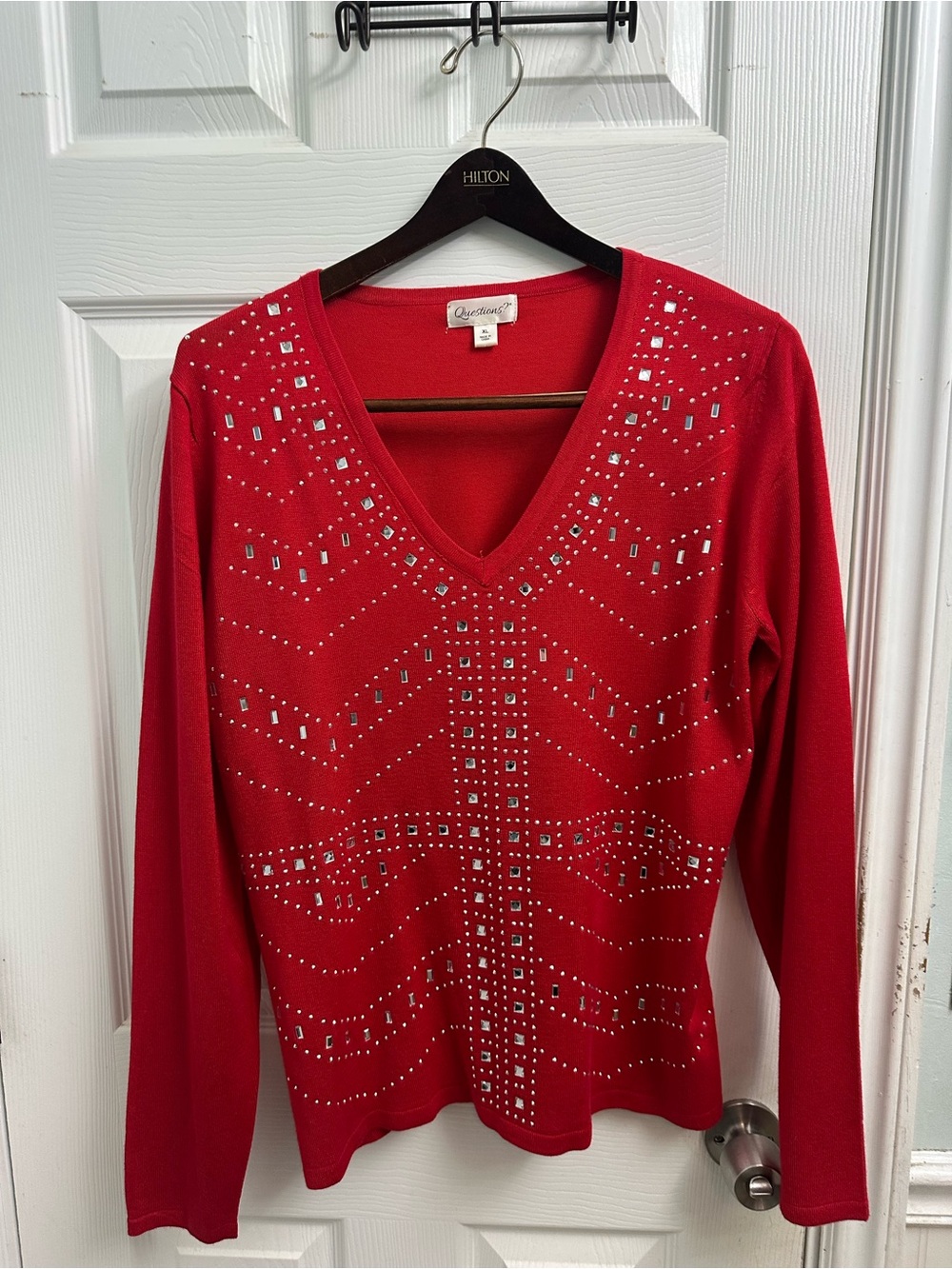 Red V-Neck Embellished Sweater